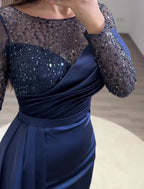 Mermaid Evening Gown Sparkling Sequin Ruched Pearls Long Sleeve Jewel Neck Court Train For Wedding Guests