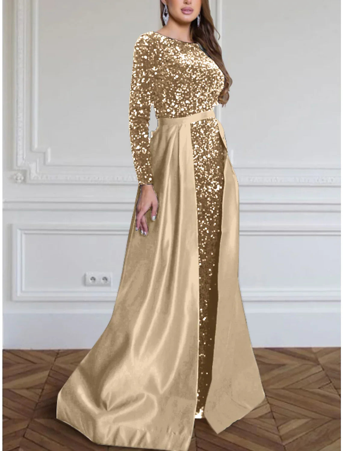 A Line Evening Gown Sparkling Black Dress For Women With Jewel Neck Long Sleeves Sequined Pleats Train