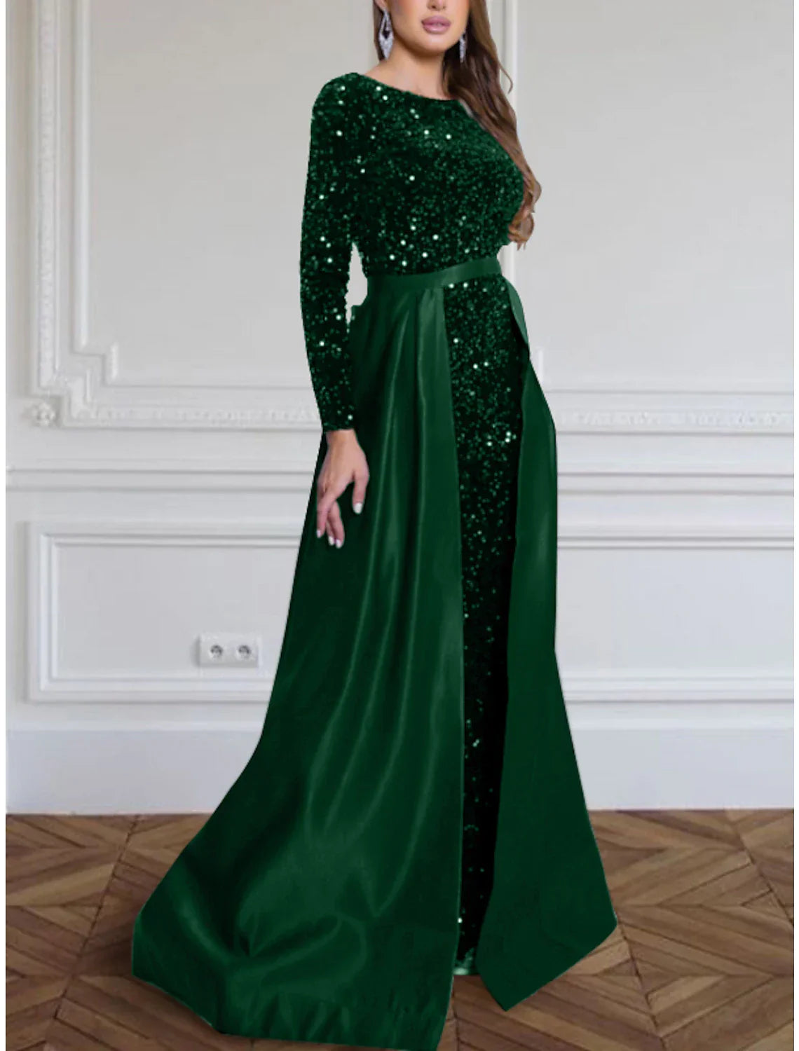 A Line Evening Gown Sparkling Black Dress For Women With Jewel Neck Long Sleeves Sequined Pleats Train