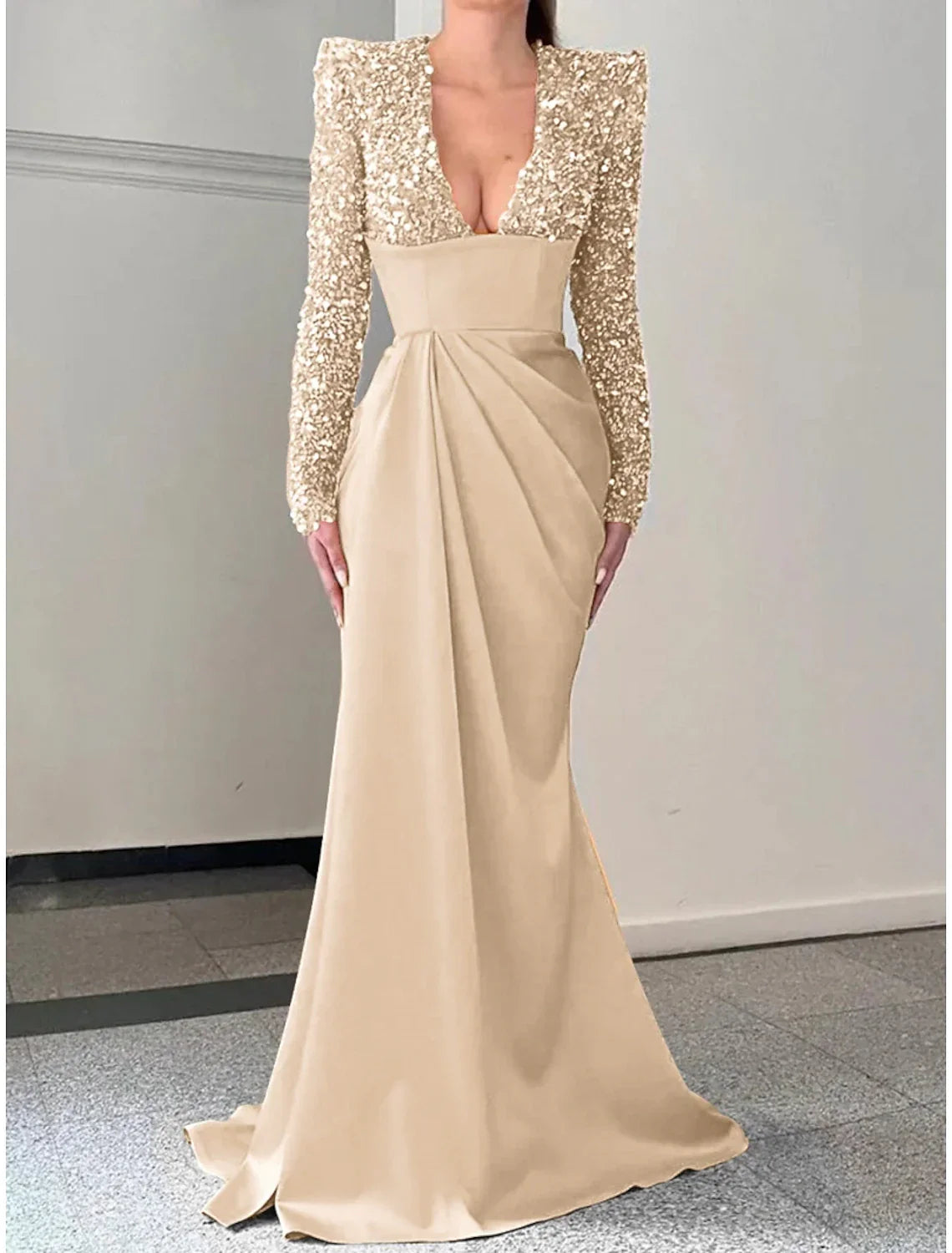 Mermaid Trumpet Evening Gown Sparkle And Shine With Brush Train Long Sleeve V Neck Satin Sequin Dress For Formal Events