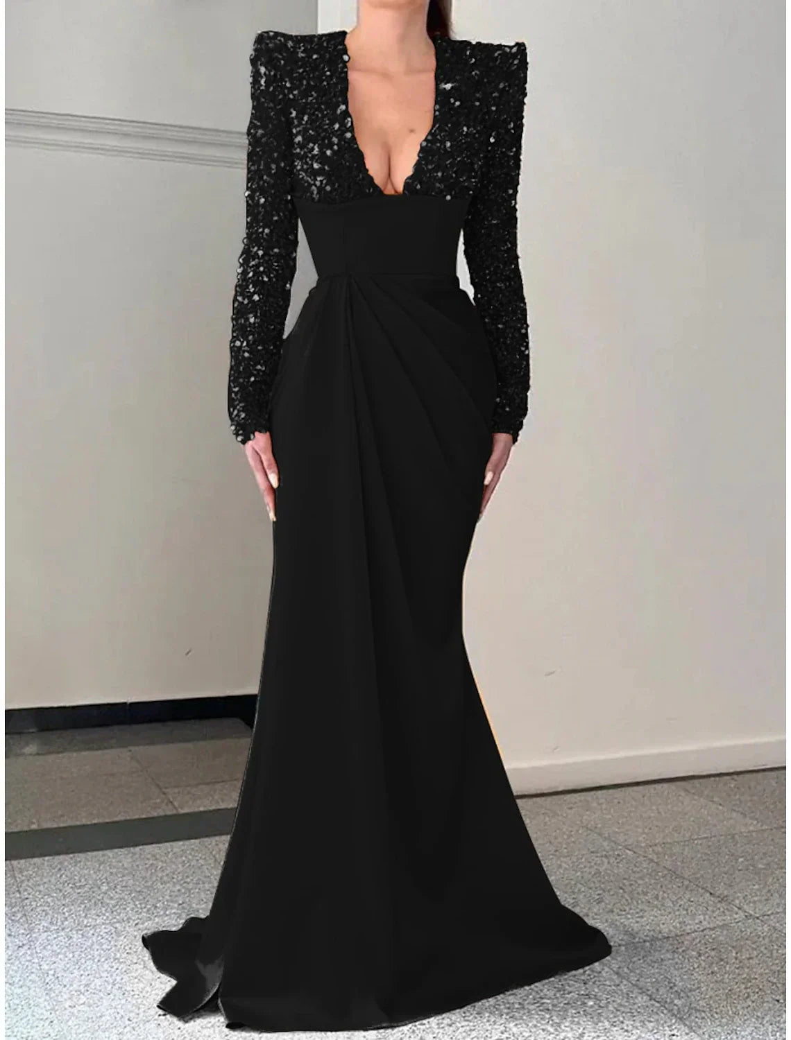 Mermaid Trumpet Evening Gown Sparkle And Shine With Brush Train Long Sleeve V Neck Satin Sequin Dress For Formal Events
