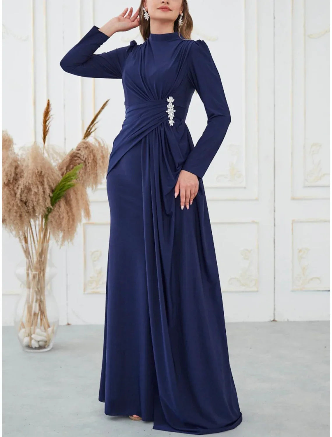 A Line Evening Gown For Women Glamorous Black Satin Sequin Pleated Long Sleeve High Neck Sweep Train