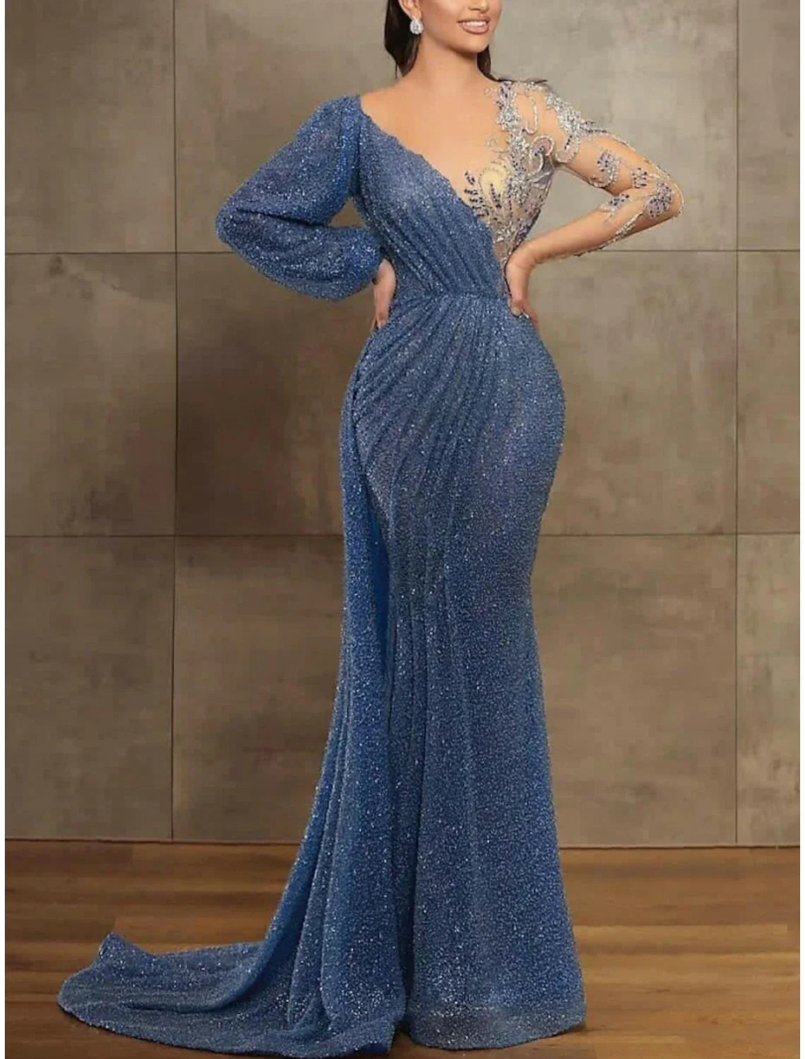Mermaid Trumpet Evening Gown For Women Elegant Sequined Illusion Neck Long Sleeve Pleats Court Train