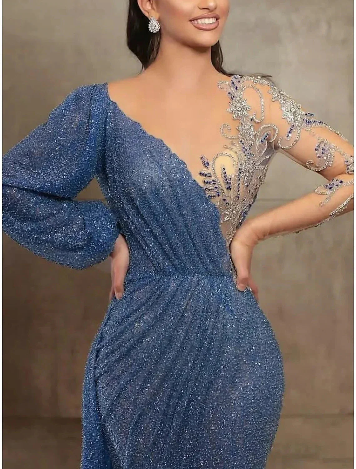 Mermaid Trumpet Evening Gown For Women Elegant Sequined Illusion Neck Long Sleeve Pleats Court Train