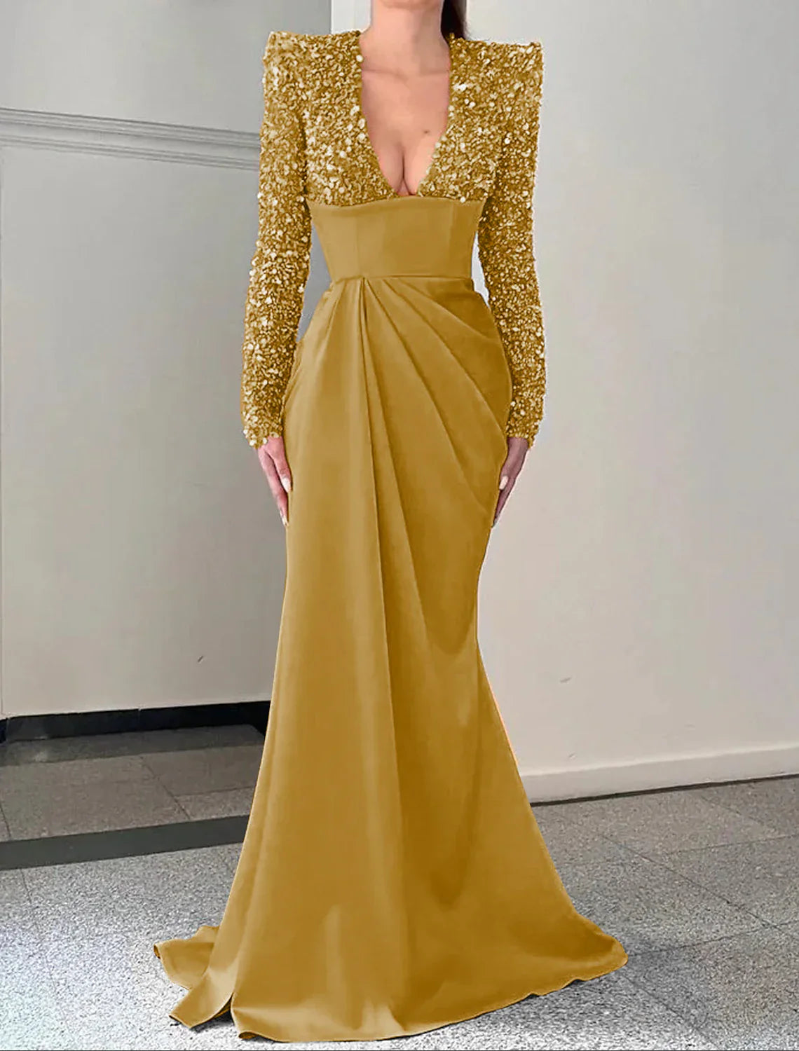Mermaid Trumpet Evening Gown Sparkle And Shine With Brush Train Long Sleeve V Neck Satin Sequin Dress For Formal Events