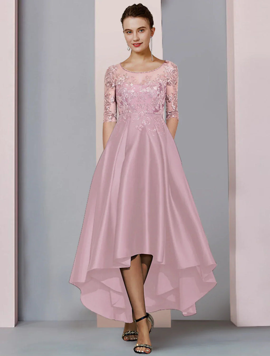 Mother Of The Bride Dress A Line Satin Lace Beaded Appliques Elegant High Low Tea Length