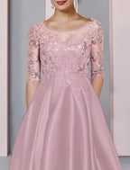 Mother Of The Bride Dress A Line Satin Lace Beaded Appliques Elegant High Low Tea Length