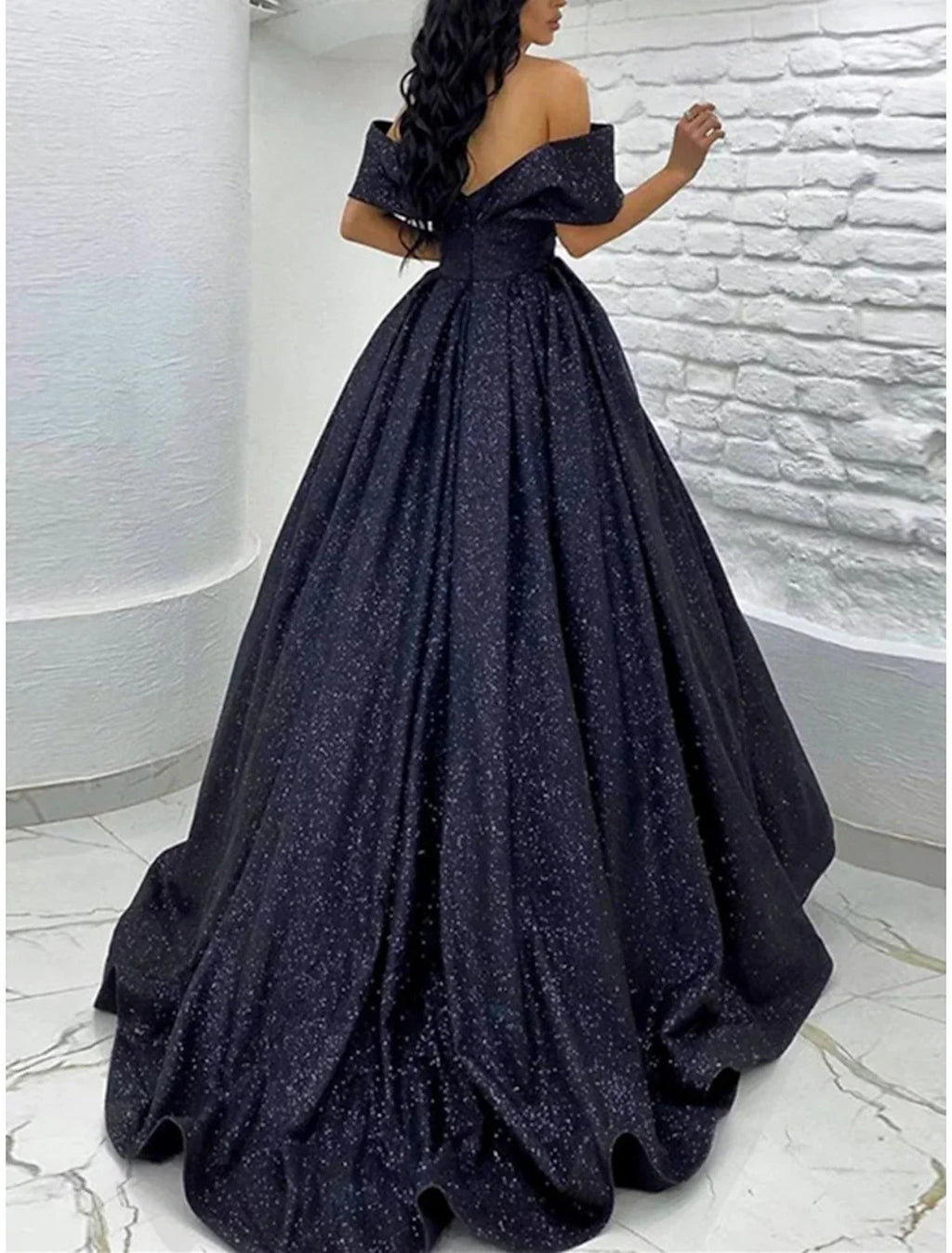 A Line Prom Dress Glittering Off Shoulder Sequin Gown With Brush Train For Black Tie Gala For Prom Goers