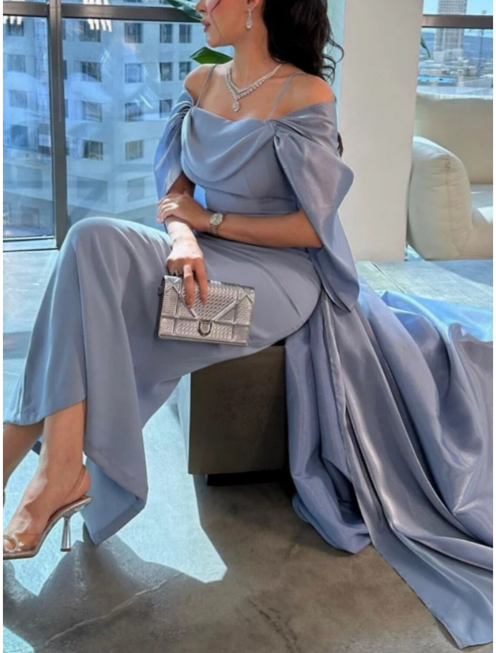 Glamorous Evening Gown With Cape For Women, Elegant Chiffon Sheath Dress, Ankle Length Spaghetti Strap Ruched Pleats