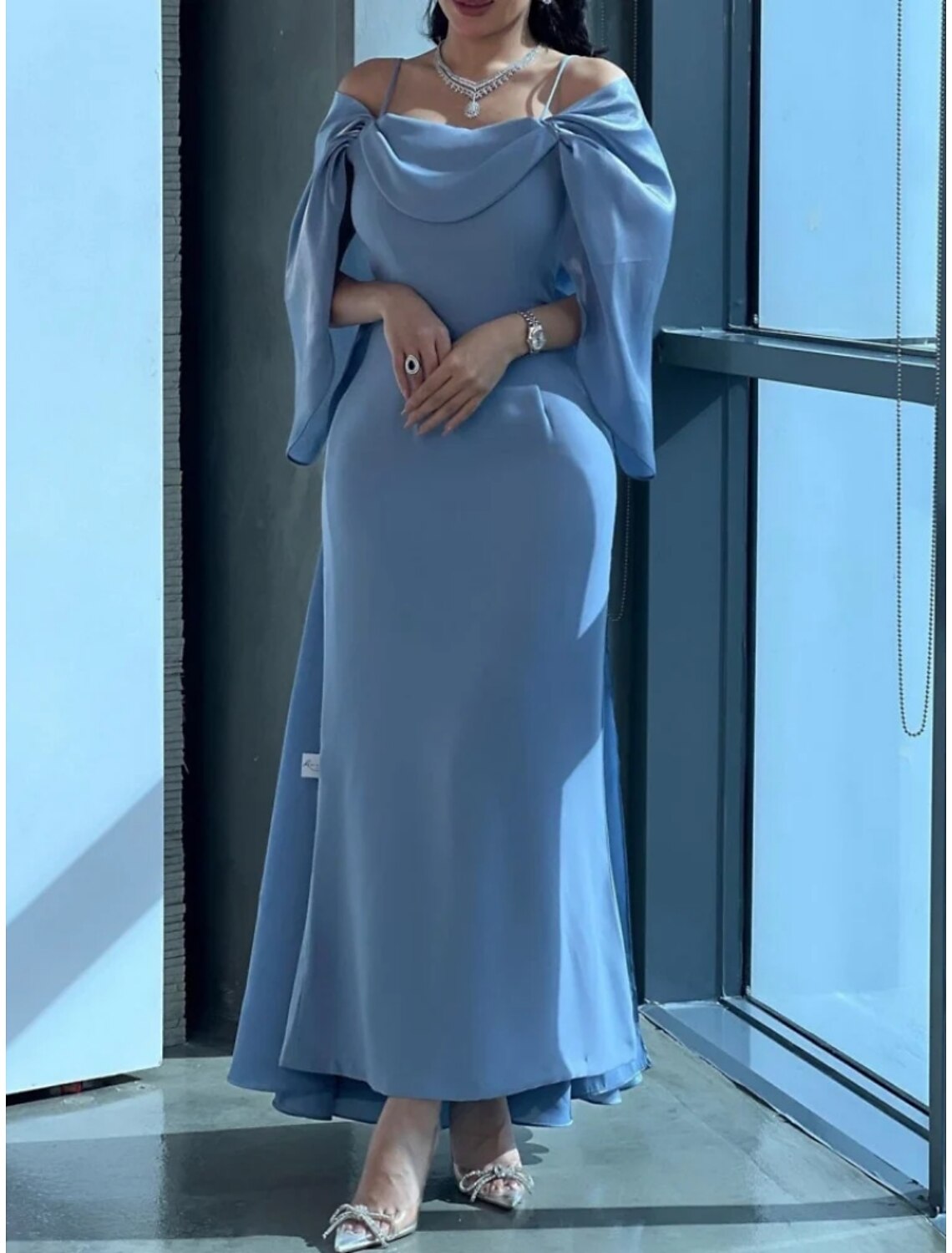 Glamorous Evening Gown With Cape For Women, Elegant Chiffon Sheath Dress, Ankle Length Spaghetti Strap Ruched Pleats