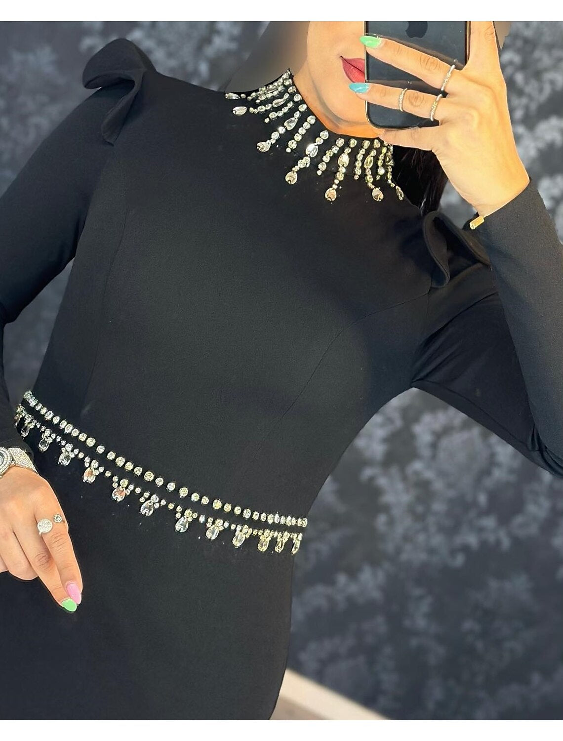 Mermaid Black Dress Evening Gown Elegant Masquerade Floor Length With Rhinestones Long Sleeve