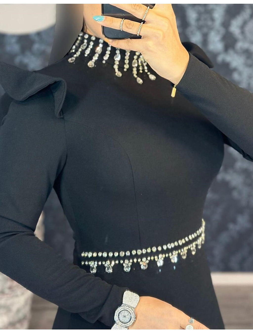 Mermaid Black Dress Evening Gown Elegant Masquerade Floor Length With Rhinestones Long Sleeve