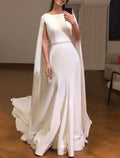 Casual A Line Wedding Dress For Brides With Sash, Scoop Neck, Sleeveless, Brush Train, Stretch Fabric Gown