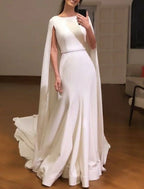 Casual A Line Wedding Dress For Brides With Sash, Scoop Neck, Sleeveless, Brush Train, Stretch Fabric Gown