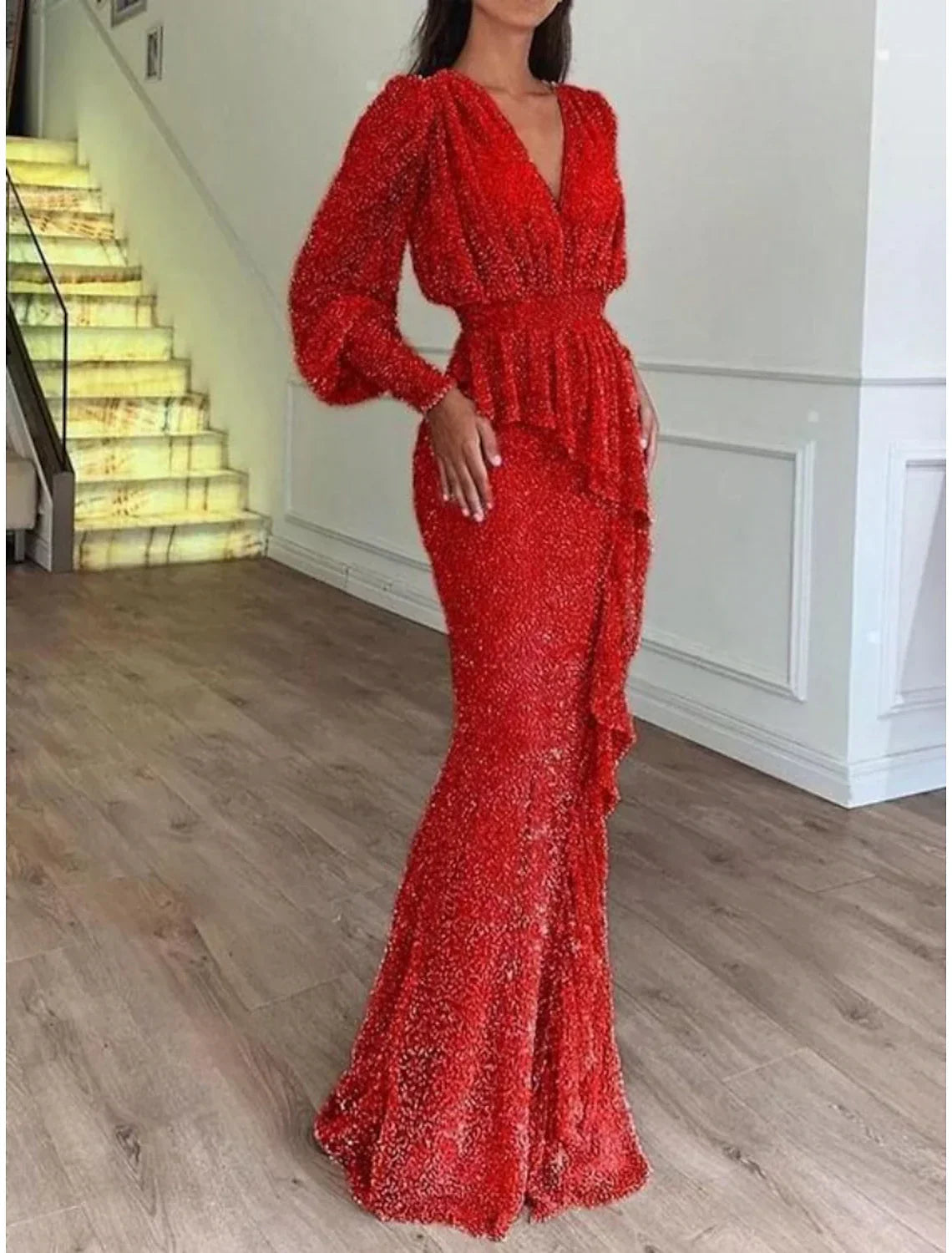 Mermaid Evening Gown For Women Glamorous Sequined Glitter Pleats And Ruffles Floor Length