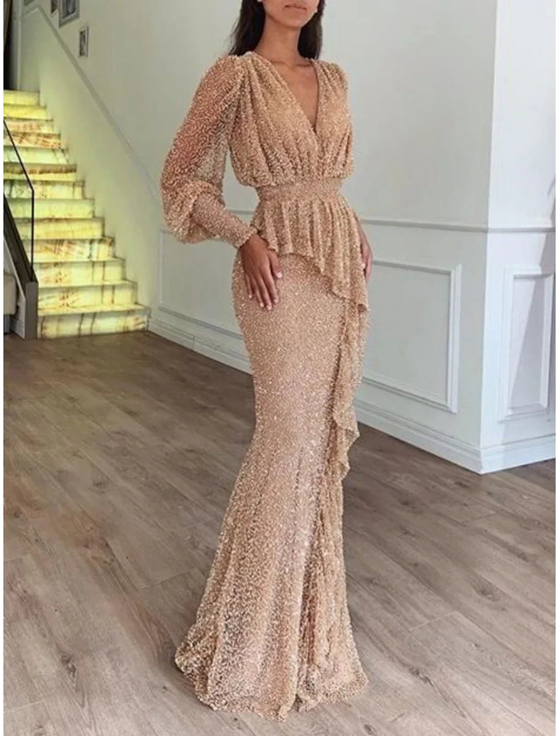 Mermaid Evening Gown For Women Glamorous Sequined Glitter Pleats And Ruffles Floor Length