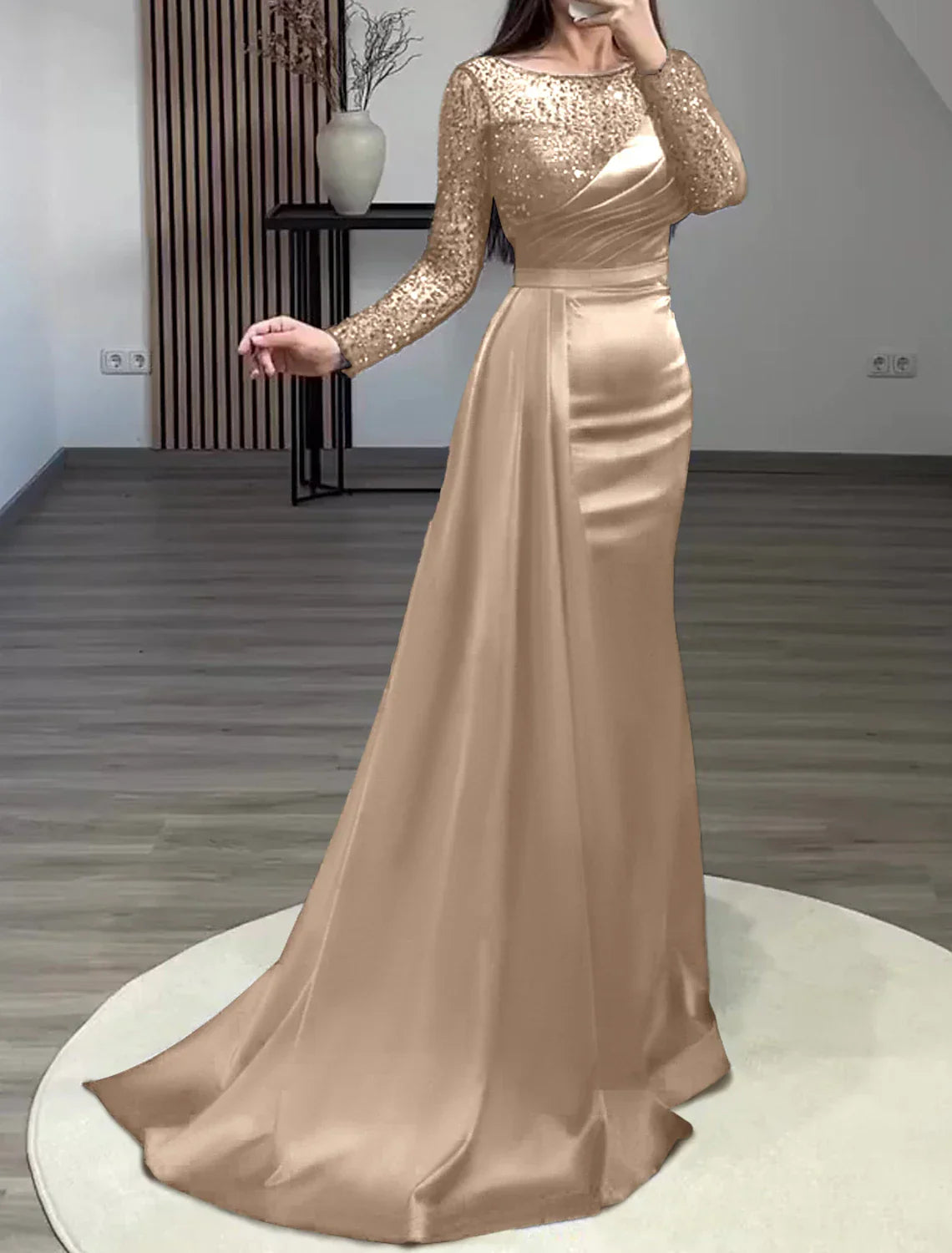 Mermaid Evening Gown Sparkling Sequin Ruched Pearls Long Sleeve Jewel Neck Court Train For Wedding Guests