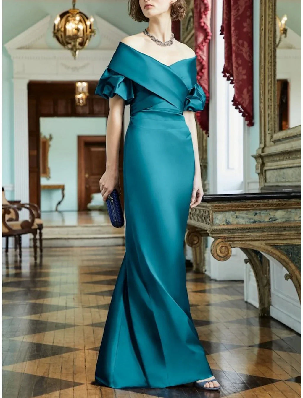 Mother Of The Bride Dress Satin Elegant Sheath Off Shoulder Floor Length With Ruched Short Sleeves