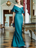 Mother Of The Bride Dress Satin Elegant Sheath Off Shoulder Floor Length With Ruched Short Sleeves