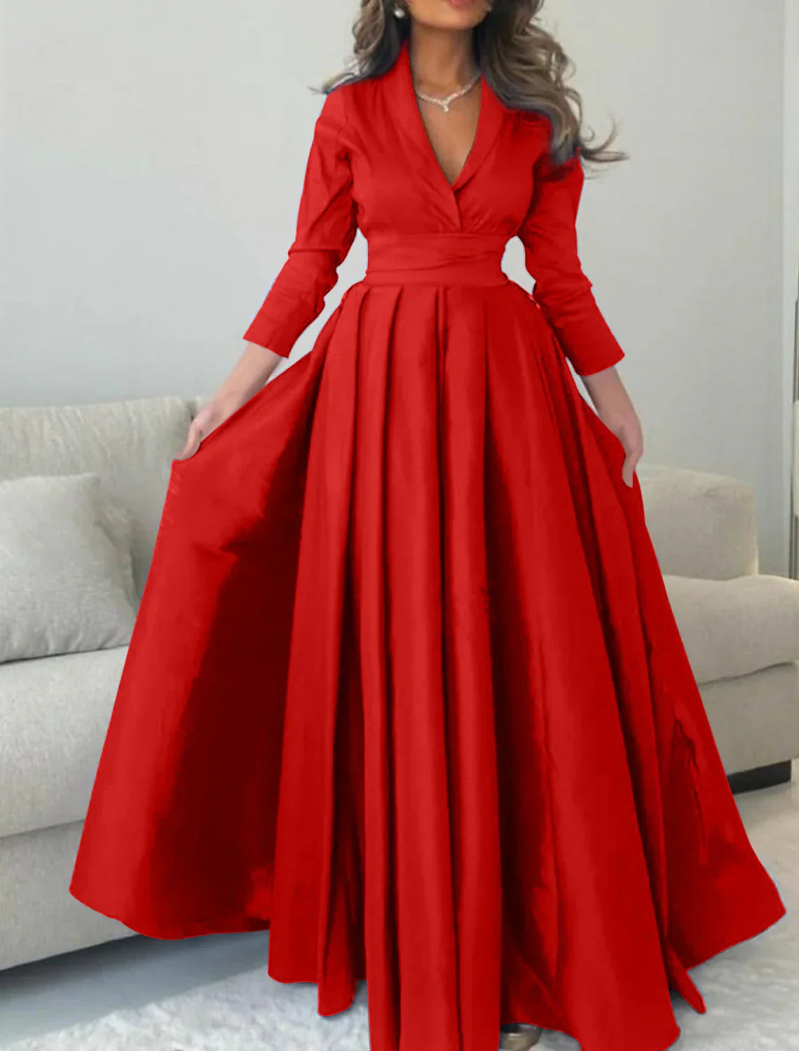 A Line Evening Gown Satin With Pleats V Neck Floor Length Three Quarter Sleeve For Christmas Parties