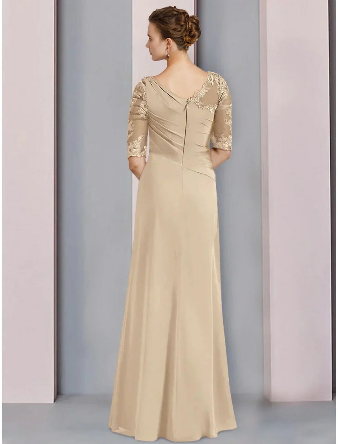 Elegant Mother Of The Bride Dress Chiffon Floor Length With Lace Ruffles Ruching Half Sleeve