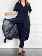 Mother Of The Bride Jumpsuit Chic Chiffon Ankle Length With Sequin Appliques V Neck Short Sleeve Formal Elegant