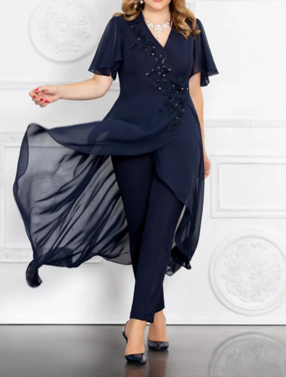 Mother Of The Bride Jumpsuit Chic Chiffon Ankle Length With Sequin Appliques V Neck Short Sleeve Formal Elegant