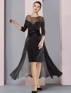 Mother Of The Bride Two Piece Elegant Dress Set Detachable Scoop Neck Chiffon Lace Knee Length Sleeves Bow Appliques