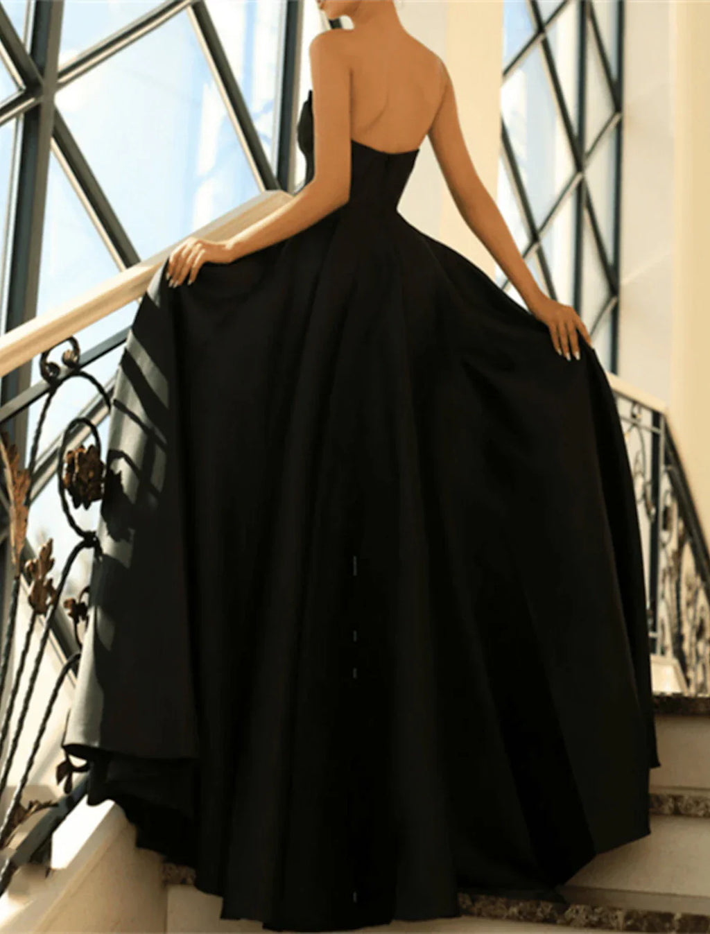 Elegant A Line Evening Gown Black Satin Strapless Floor Length Dress For Masquerade Ball
