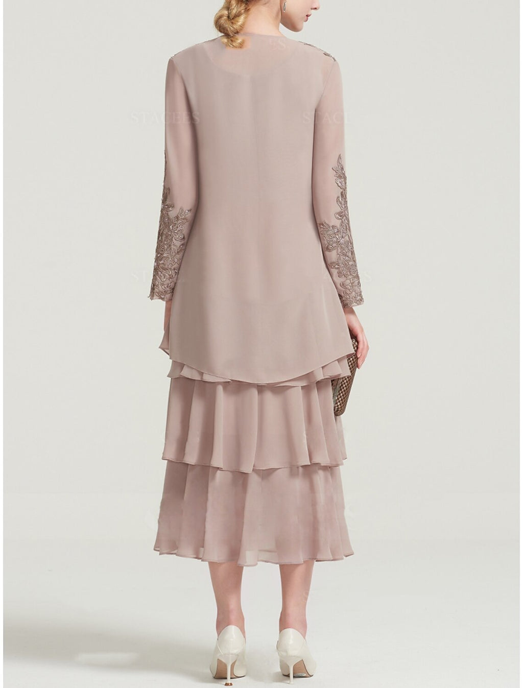 Elegant Mother Of The Bride Dress Sheath Chiffon Tea Length With Long Sleeve And Tier Appliques