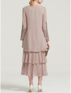 Elegant Mother Of The Bride Dress Sheath Chiffon Tea Length With Long Sleeve And Tier Appliques