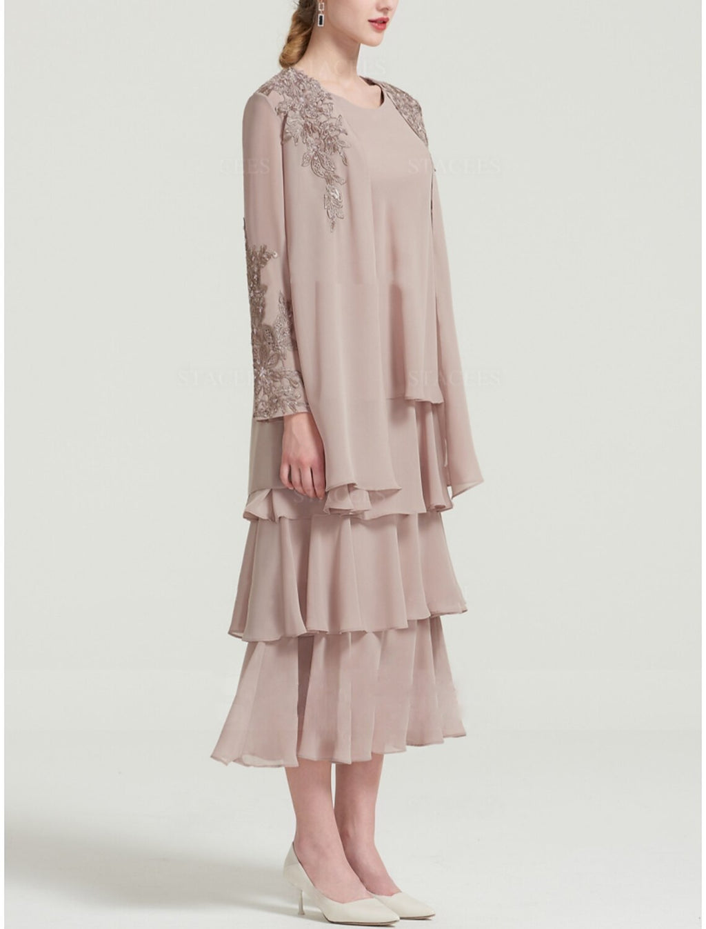 Elegant Mother Of The Bride Dress Sheath Chiffon Tea Length With Long Sleeve And Tier Appliques