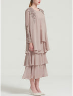 Elegant Mother Of The Bride Dress Sheath Chiffon Tea Length With Long Sleeve And Tier Appliques