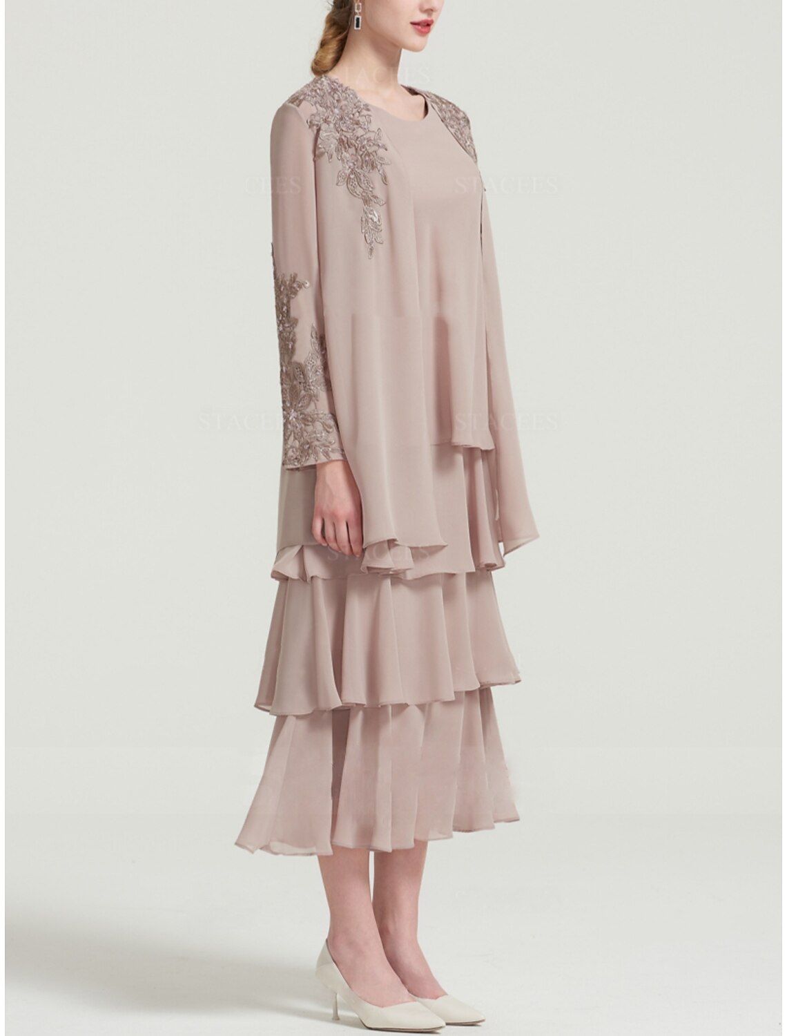 Elegant Mother Of The Bride Dress Sheath Chiffon Tea Length With Long Sleeve And Tier Appliques