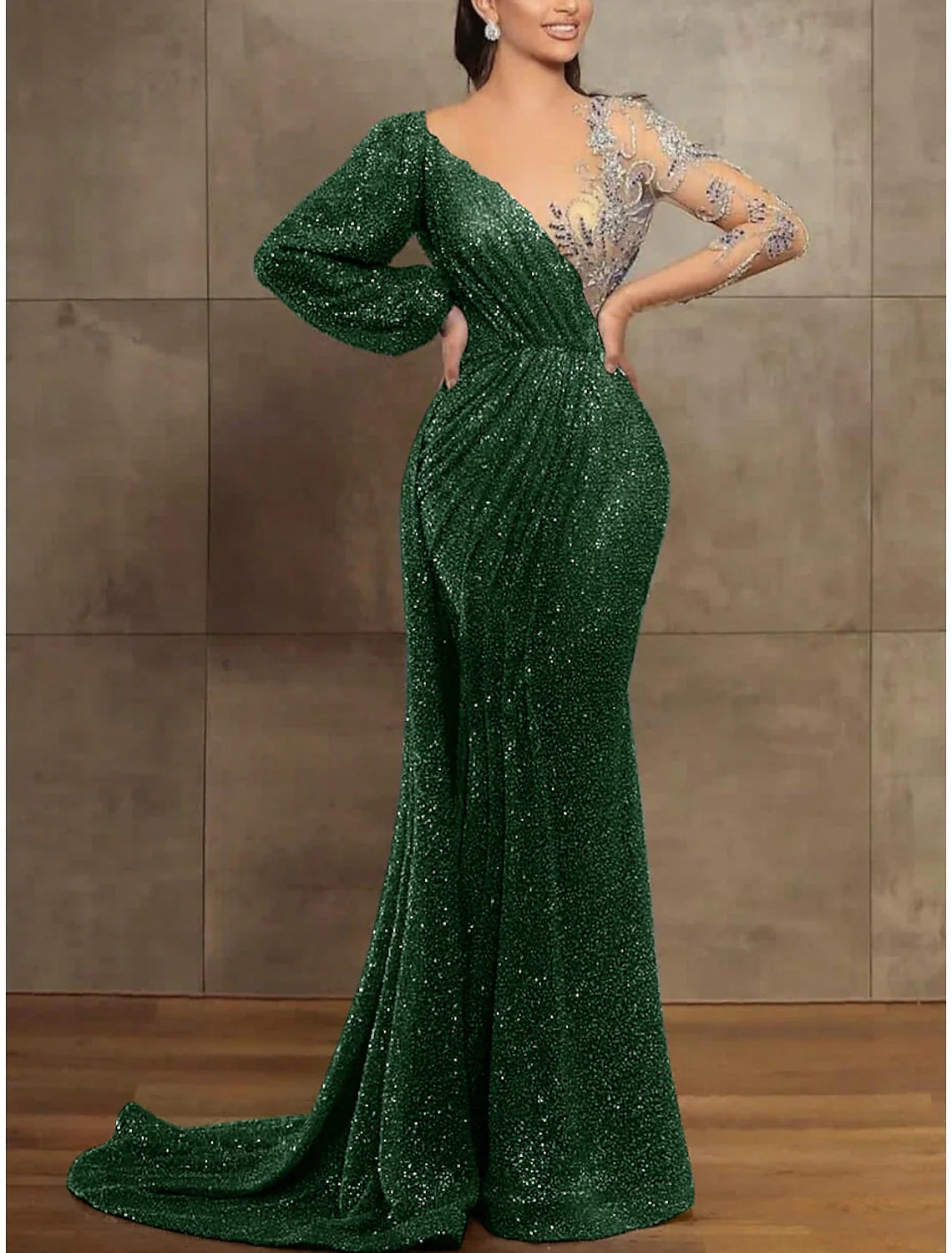 Mermaid Trumpet Evening Gown For Women Elegant Sequined Illusion Neck Long Sleeve Pleats Court Train