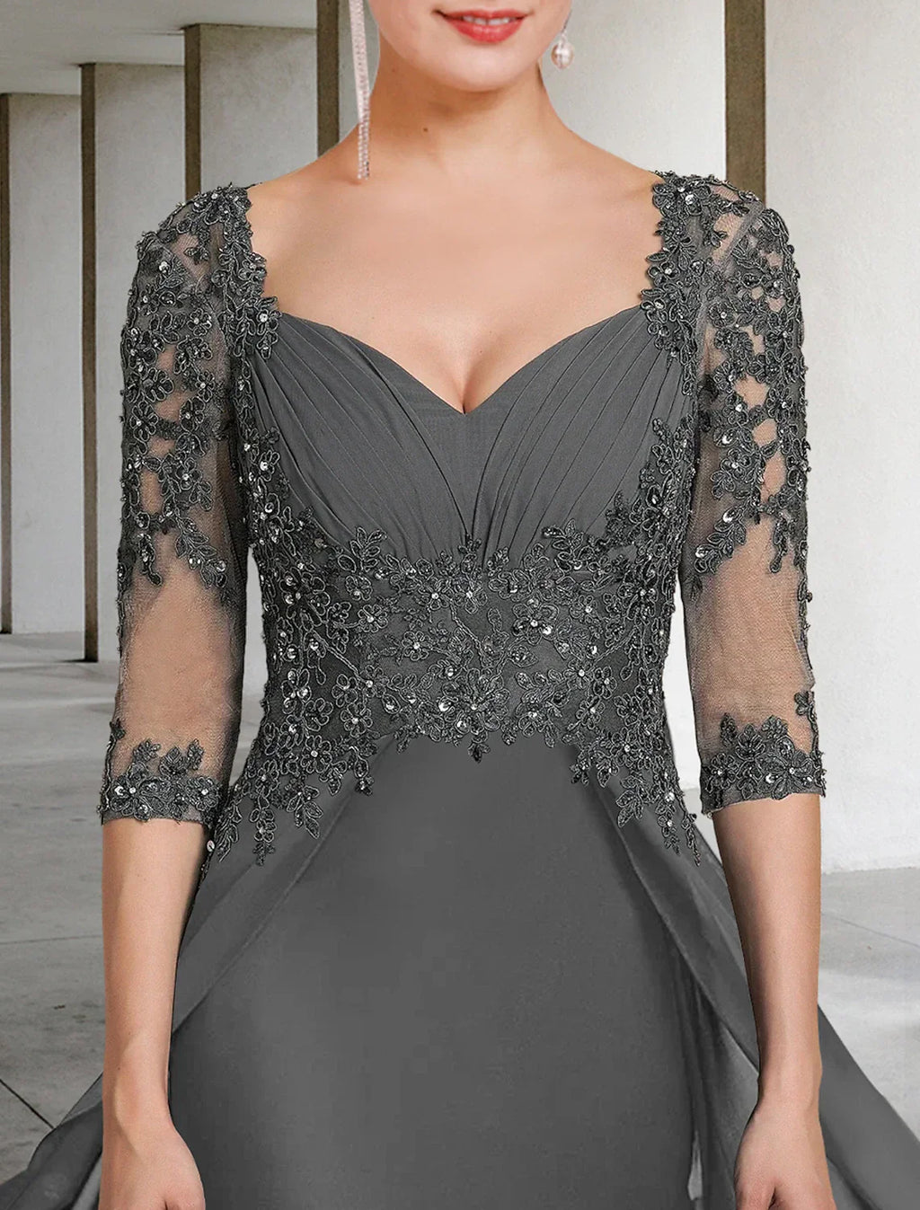Mother Of The Bride Dress Chiffon Lace Floor Length Square Neck Three Quarter Sleeve With Sequin Appliques Wedding Day