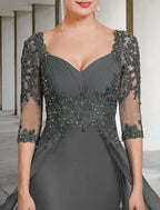 Mother Of The Bride Dress Chiffon Lace Floor Length Square Neck Three Quarter Sleeve With Sequin Appliques Wedding Day