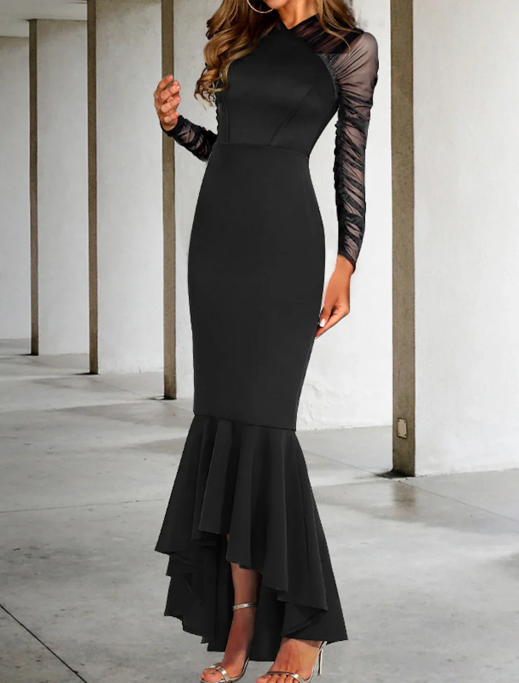 Mermaid Prom Dress With Elegant Ruched Ruffles And V Neck Asymmetrical Long Sleeve Stretch Fabric For Wedding Guests