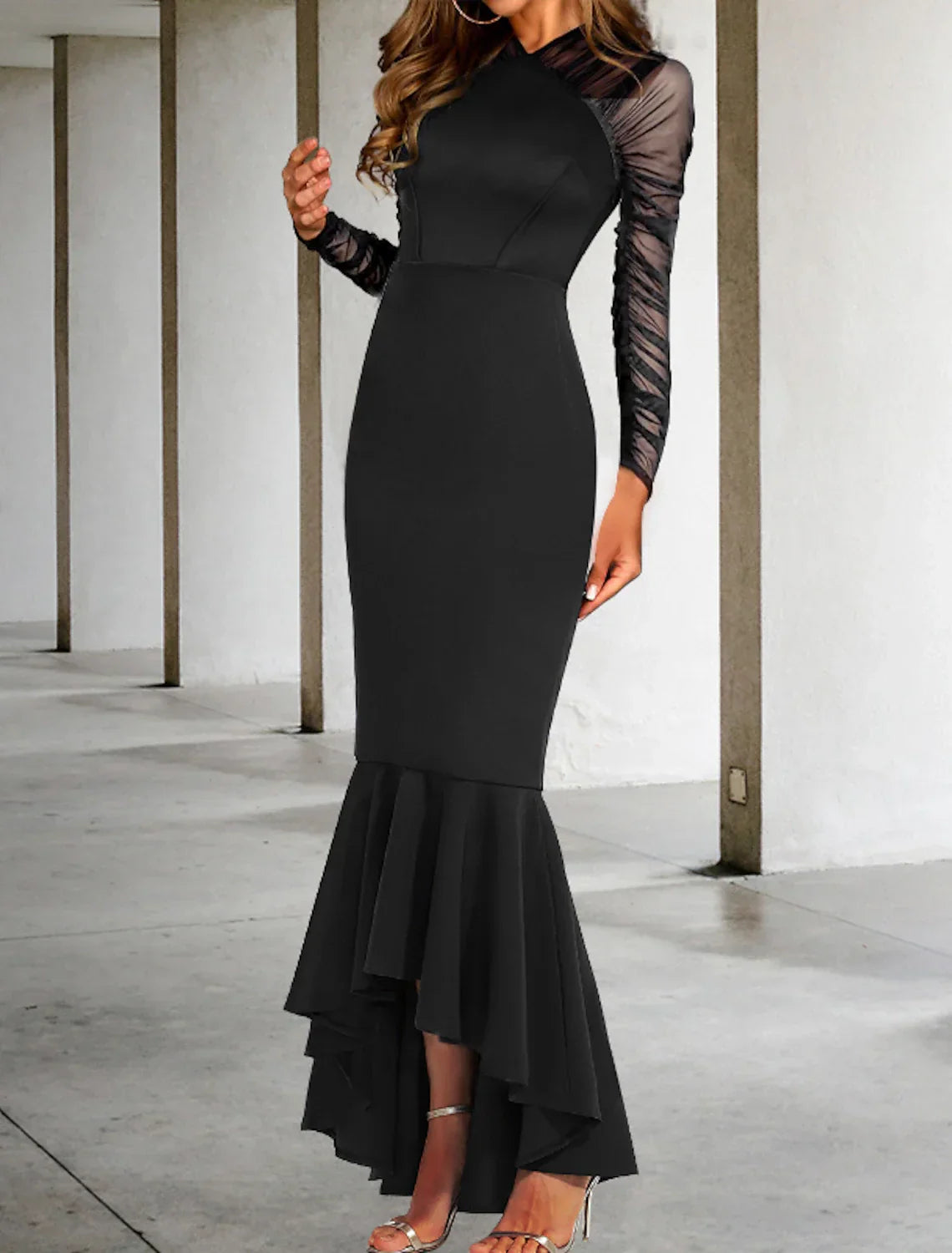 Mermaid Prom Dress With Elegant Ruched Ruffles And V Neck Asymmetrical Long Sleeve Stretch Fabric For Wedding Guests
