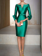 Emerald Green Satin Sheath Dress For Mother Of The Bride Wedding Guest Knee Length V Neck Three Quarter Sleeve With Sash