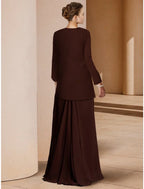 Mother Of The Bride Dress Elegant Scoop Neck Floor Length Stretch Chiffon Long Sleeve Sequin Ruched