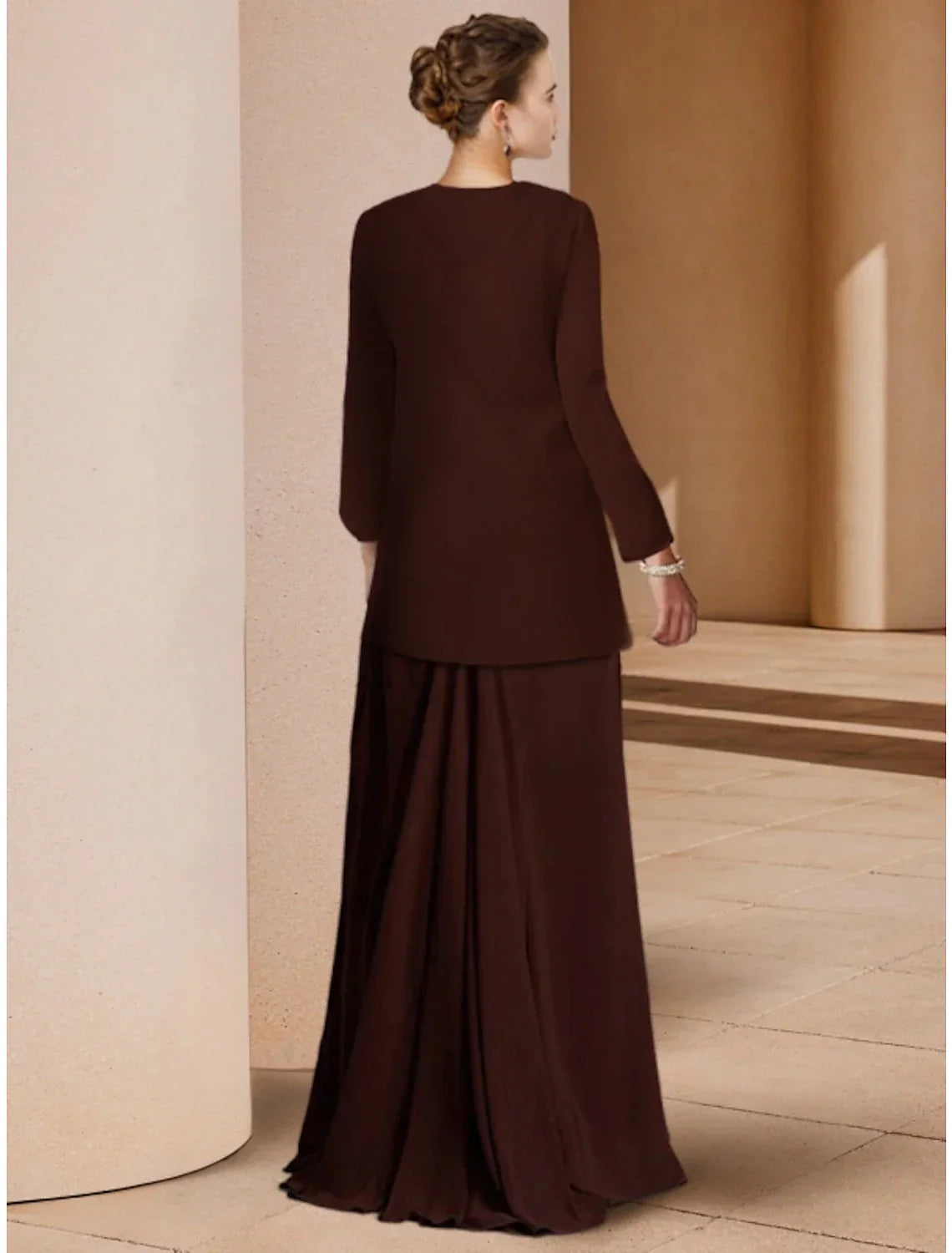 Mother Of The Bride Dress Elegant Scoop Neck Floor Length Stretch Chiffon Long Sleeve Sequin Ruched