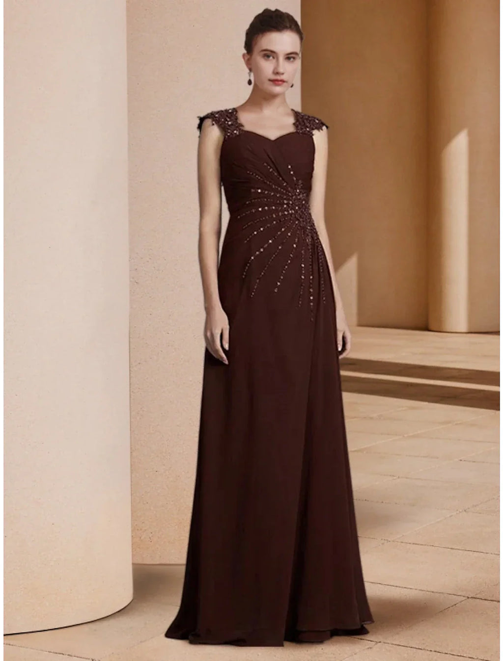 Mother Of The Bride Dress Elegant Scoop Neck Floor Length Stretch Chiffon Long Sleeve Sequin Ruched