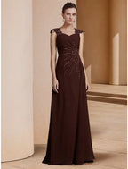 Mother Of The Bride Dress Elegant Scoop Neck Floor Length Stretch Chiffon Long Sleeve Sequin Ruched