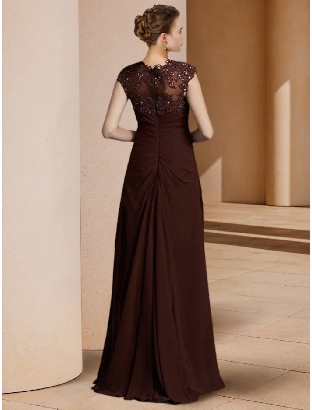 Mother Of The Bride Dress Elegant Scoop Neck Floor Length Stretch Chiffon Long Sleeve Sequin Ruched