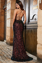 Sequined Mermaid Dress Black Sparkling Backless Slit Evening Gown For Partygoers