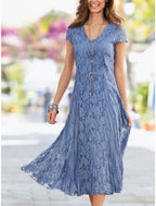 Mother Of The Bride Dress Lace Sheath Tea Length V Neck Short Sleeve Petite Elegant Party Wear