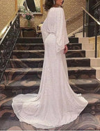 Mother Of The Bride Sequined Sheath Gown With Plunging Neck And Court Train For Elegant Wedding