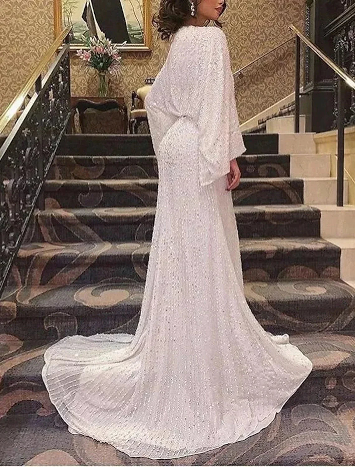 Mother Of The Bride Sequined Sheath Gown With Plunging Neck And Court Train For Elegant Wedding