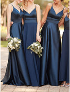 Bridesmaid Dress Elegant Blue Satin Floor Length Sheath V Neck Spaghetti Strap With Pleats For Bridesmaids